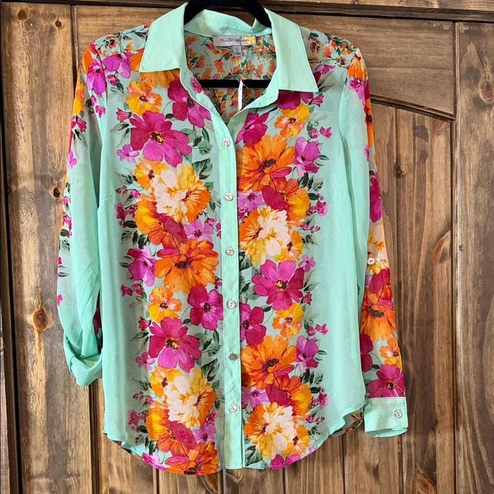 Floral Button-Up Blouse - Mint Green and Multicolor